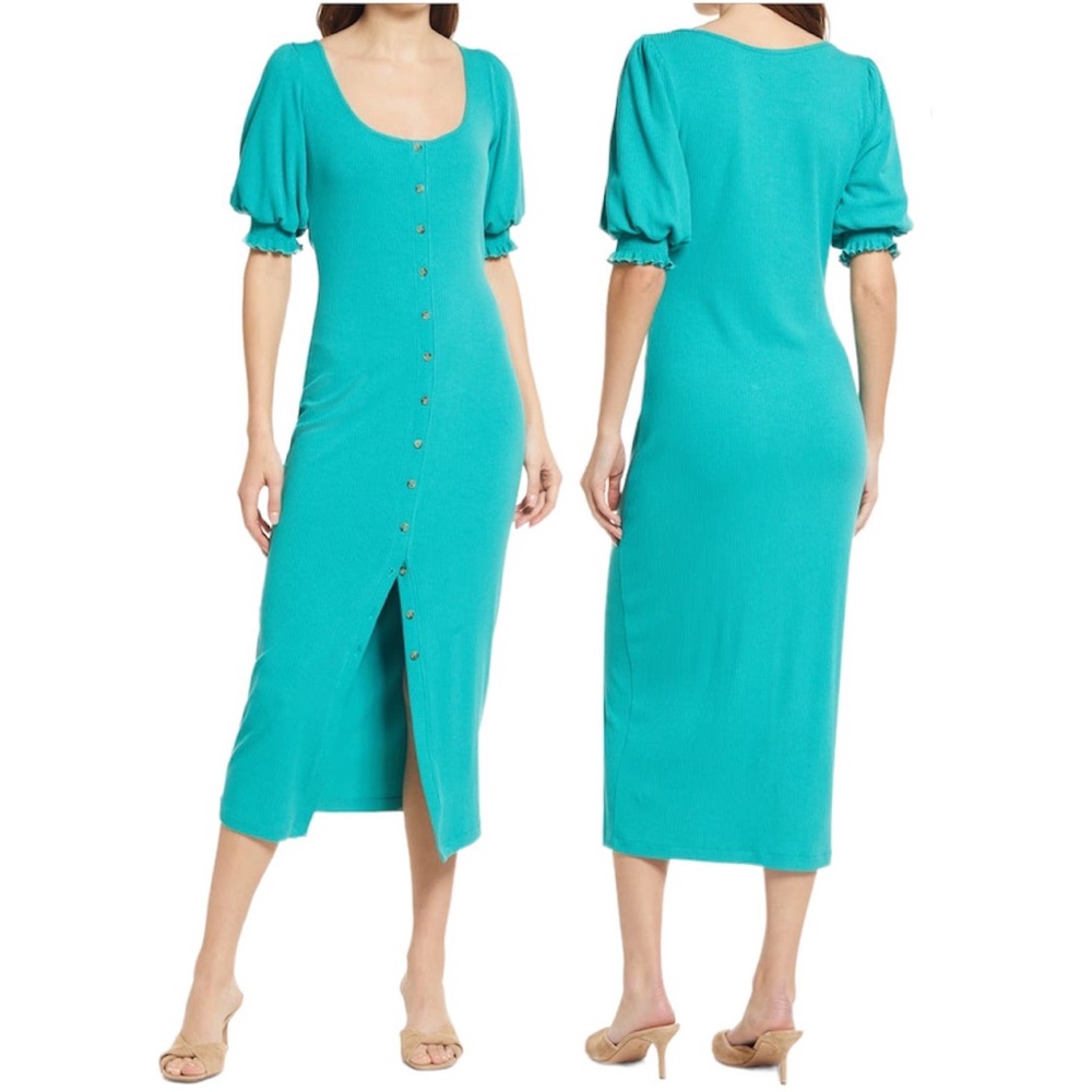 Saylor Malavicka Ribbed Puff Sleeve Midi Dress